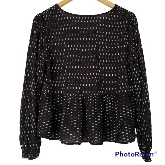 PAPER CRANE BLACK AND WHITE 100% RAYON VNECK TOP/BLOUSE WITH GATHERED PEPLUM, S - Picture 2 of 11